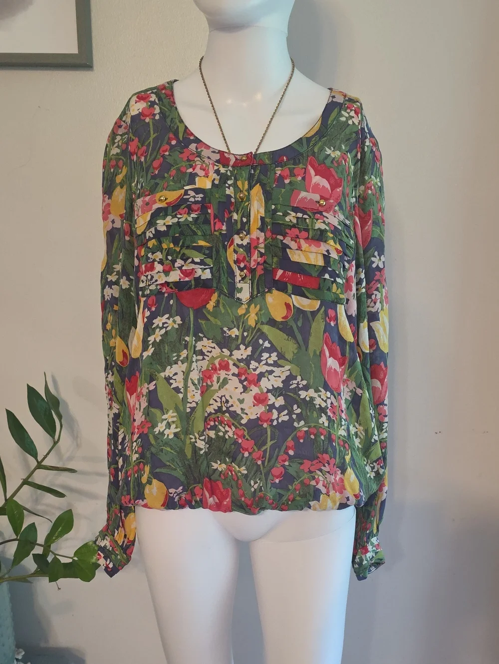 Floral Long-Sleeve Scoop Neck Blouse - Green Multi